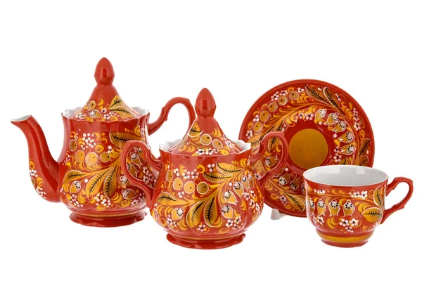 Rotgoldenes Teeservice Mit Alten Traditionellen Russischen Folklore Utensilien Gerichte Mit — Stockfoto