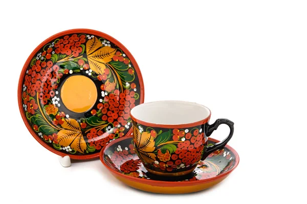 Чайная Пара Старинной Традиционной Русской Народной Посуды Блюдце Чашка Ручной — стоковое фото