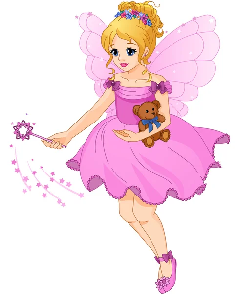 Nettes Mädchen in einem lila Kleid mit Feenflügeln. — Stockvektor