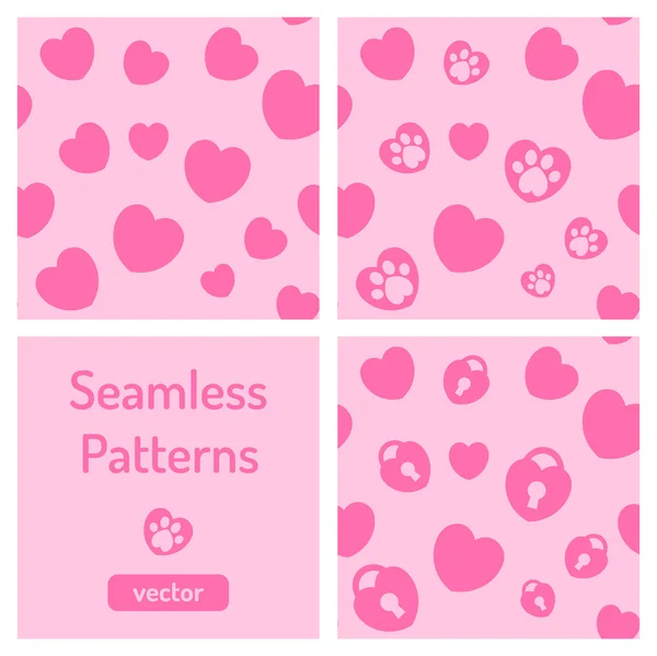 Set of pink seamless patterns with hearts. — Stock Vector