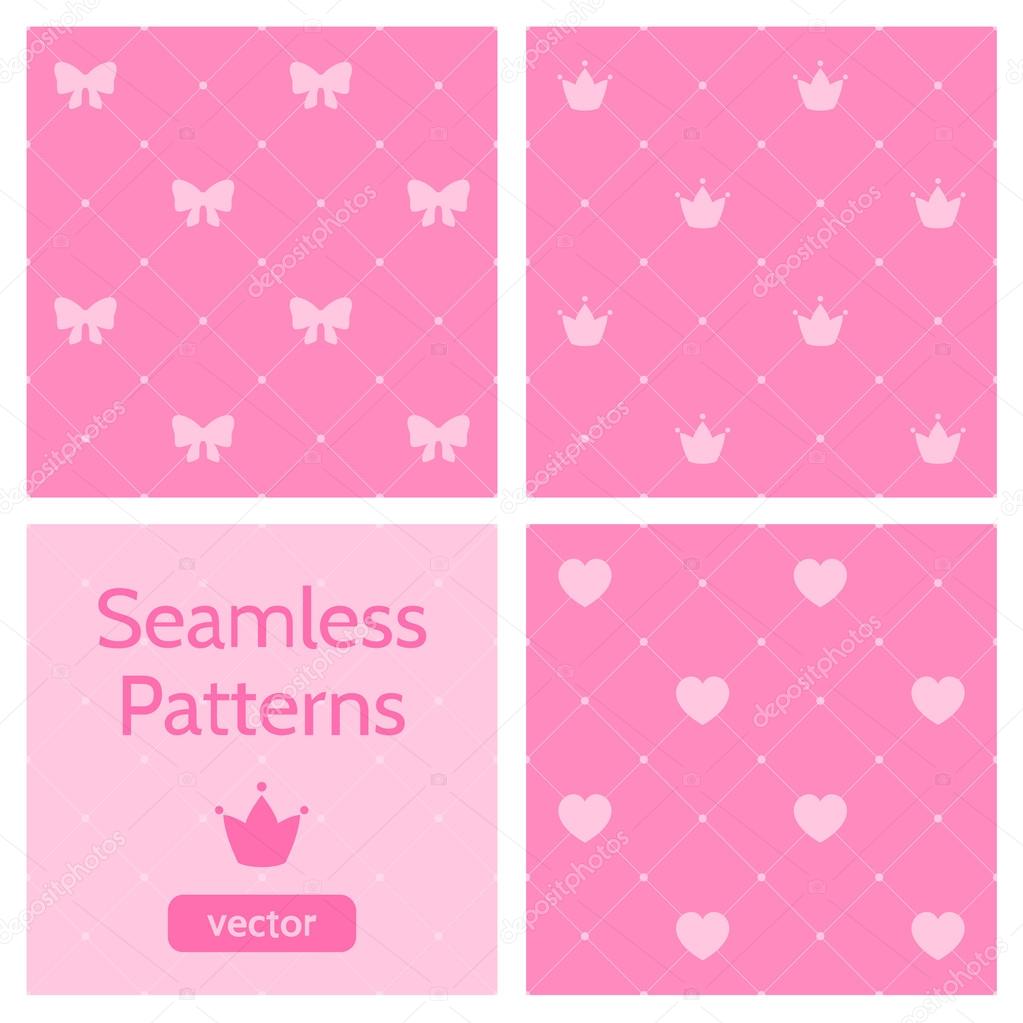 Set of cute pink girlish seamless patterns.