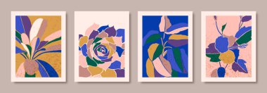 Çağdaş Minimalist Tarzı ile Soyut Çiçek Posterleri Ayarla. Vektör Renkli Tropikal Arkaplan. Sanat Kolajı