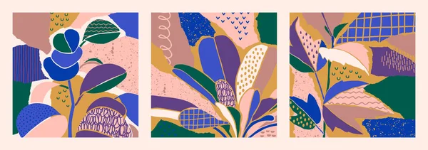 Abstrakcyjny zestaw kolażu artystycznego z liśćmi w minimalnym modnym stylu. Tło kwiatowe w nowoczesnym stylu Simple. — Wektor stockowy