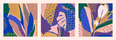 Asgari Eğilimli Yapraklı Soyut Sanat Kolajı Seti. Çağdaş Basit Tarzlı Çiçek Arkaplanı. Vektör