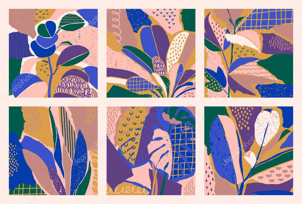 Abstract Art Collage Set with Tropical Leaves in a Minimal Trendy Style. Floral Backgrounds. Vector illustration