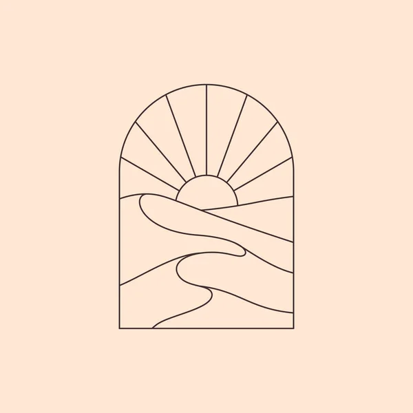 Logo krajobrazu Boho w modnym stylu Minimal Liner. Wektor czeskich etykiet z pustyni, słońca i wydmy dla marki Ilustracja Stockowa