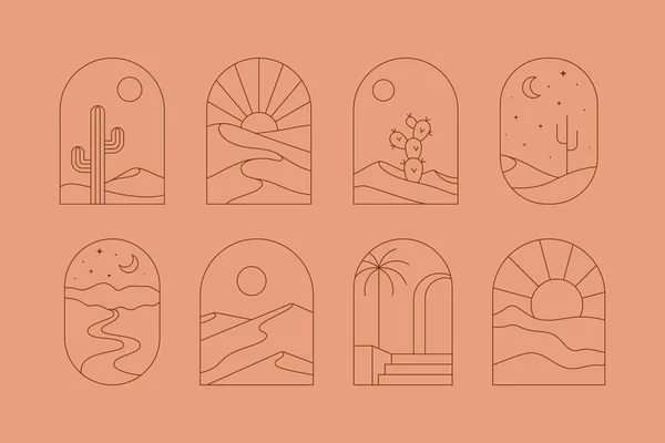 Boho Landscape Logos Set in Trendy Minimal Liner Style. Vector Bohemian Labels with Desert, Mountain, Sun and Moon Rechtenvrije Stockillustraties