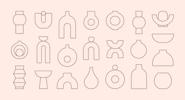 Boho Ceramic Vases in Trendy Minimalist Liner Style. Vector Pottery Icons for Creating Logo — Vetor de Stock