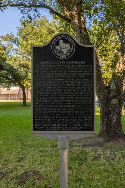 Refugio Texas Usa September 2021 Plaque Telling History Refugio County — Foto Stock