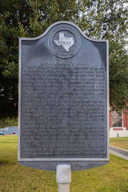 Groveton, Teksas, ABD - 26 Eylül 2021: Plaque Trinity County tarihini anlatıyor