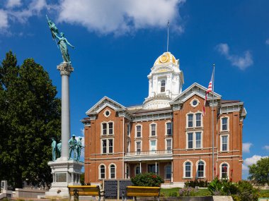 Mount Vernon, Indiana, USA - August 24, 2021: The Posey County Courthouse and it is war Memorial