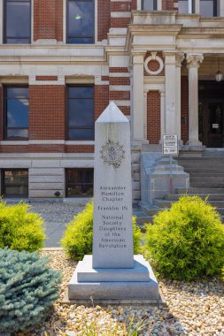 Franklin, Indiana, USA - August 20, 2021: The Johnson County Courthouse and it is Revolutionary War Memorial