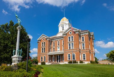 Mount Vernon, Indiana, USA - August 24, 2021: The Posey County Courthouse and it is war Memorial