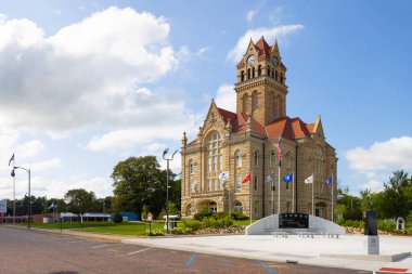 Knox, Indiana, USA - August 22, 2021: The Starke County Courthouse and it is Veterans Memorial Plaza