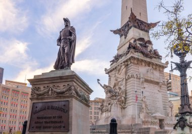 Indianapolis, Indiana, USA - October 19, 2021: The Statue of  William H Harrison at the Indiana State Soldiers and Sailors Monument
