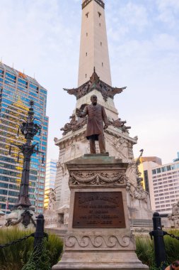 Indianapolis, Indiana, USA - October 19, 2021: The Statue of Oliver P Morton at the Indiana State Soldiers and Sailors Monument