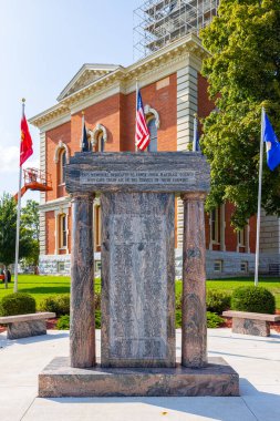 Plymouth, Indiana, USA - August 22, 2021: The  Marshall County Courthouse and it is War Memorial