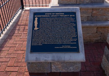 Monticello, Indiana, USA - August 23, 2021: Statue of Col. Isaac White as memorial of those fallen in the Battle of Tippecanoe at The White County Administration Building