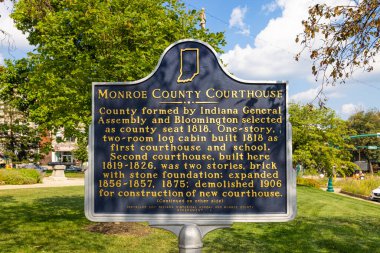 Bloomington, Indiana, USA - August 20, 2021: plaque tell the history of The Monroe County Courthouse
