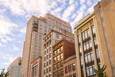 Indianapolis, Indiana, USA - October 19, 2021: The downtown Buildings as seen on Washington street