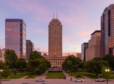 Indianapolis, Indiana, USA - October 19, 2021: The Indianapolis Skyline as seen from the World War Memorial