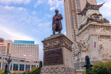 Indianapolis, Indiana, USA - October 19, 2021: The Statue of James Whitcomb  at the Indiana State Soldiers and Sailors Monument