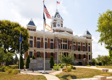 Franklin, Indiana, USA - August 20, 2021: The Johnson County Courthouse and it is War Memorial