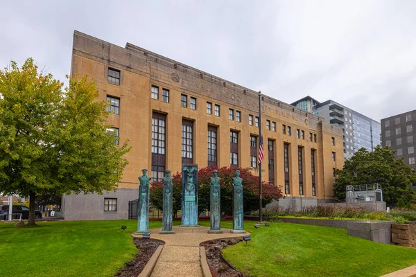 Kalamazoo, Michigan, USA - October 21, 2021: The Kalamazoo County Administration Building and it is War Memorial