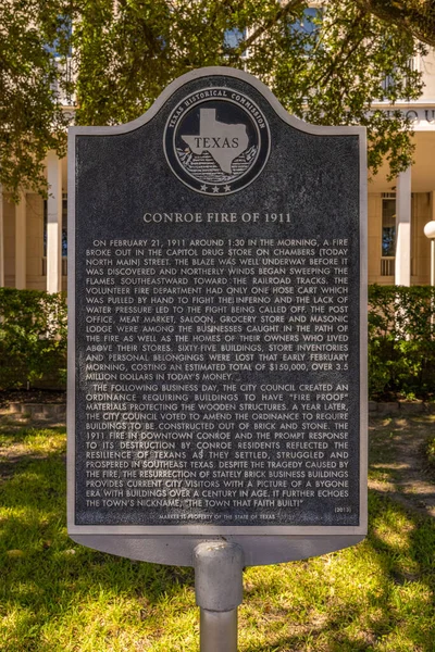 Conroe Texas Usa Oktober 2021 Plaquette Vertelt Geschiedenis Van Conroe — Stockfoto