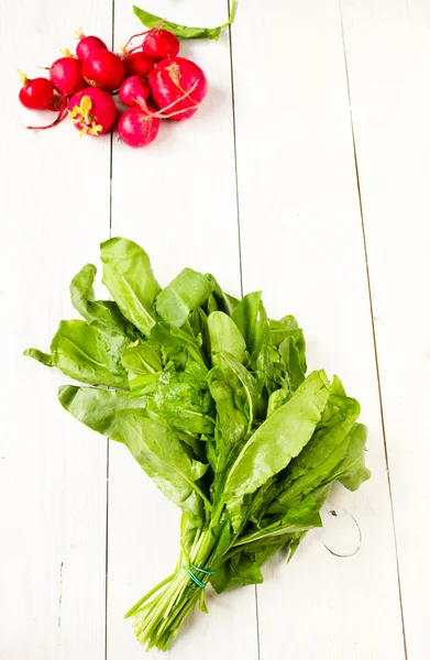 Tas bio sain de légumes frais sur un blanc de conception en bois — Photo