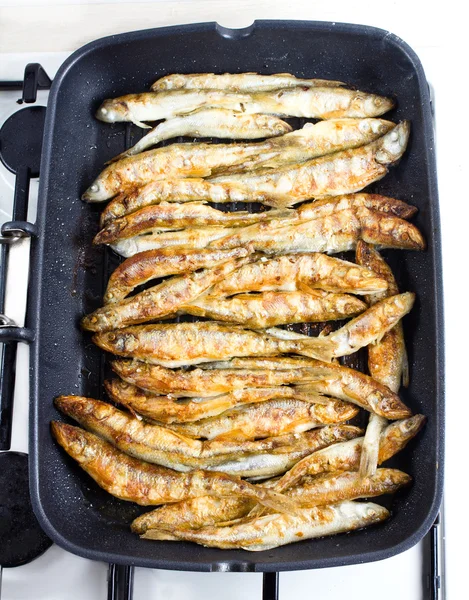 Fried small smelt fish on a barbecue grill hotplate — Stock Photo, Image