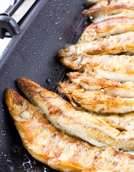 Sardines being prepared with sea salt on a barbecue grill hotpl — Stock Photo, Image