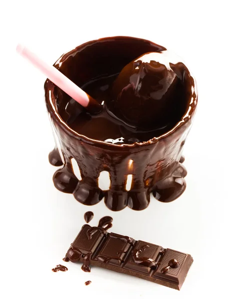 Melted chocolate fondue isolated on white background, close up — Stock Photo, Image