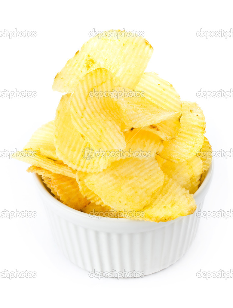 Potato chips bowl isolated on white background
