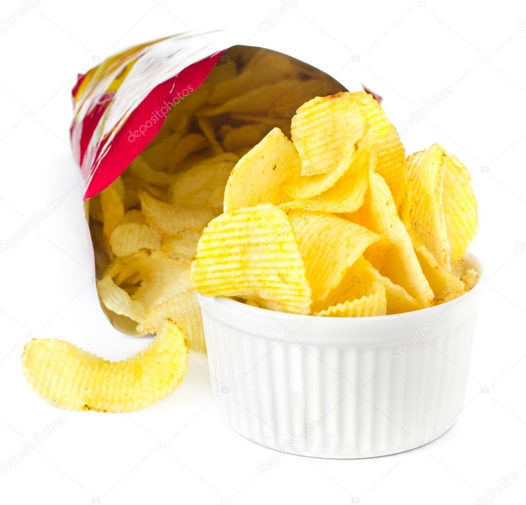 Open bag with potato chips on white background