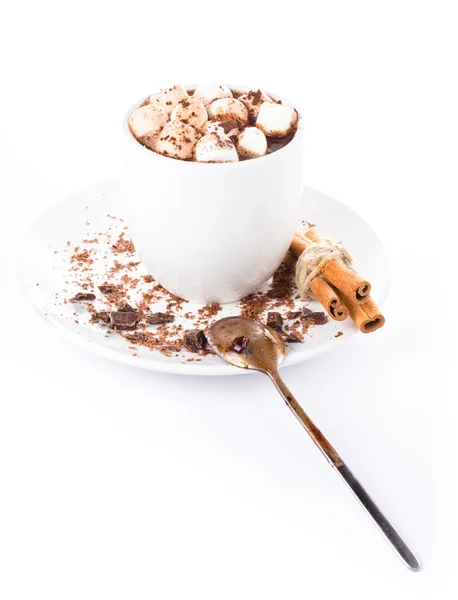Gourmet Hot chocolate with mini marshmallow and cinnamon in a w — Stock Photo, Image