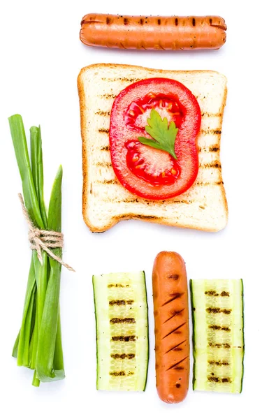 Breakfast set of toast bread, tomato, sausage and herbs — Stock Photo, Image