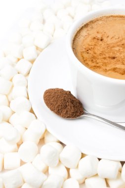Beyaz arka plan üzerinde dinlenme marshmallow ile sıcak çikolata closeup.