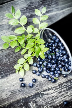 büyük yaprakları ahşap eski rustik antika arka plan üzerine bir kase kavanoza büyük temiz yaban mersini.