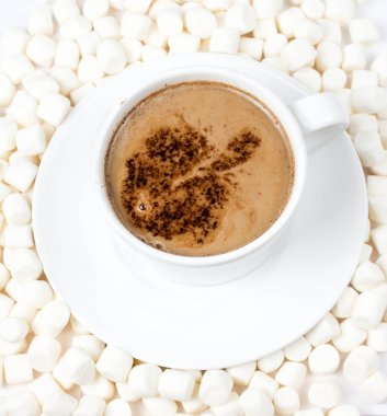 Beyaz fincan sıcak çikolata toz kakao çok tombul mini marchmallows ile