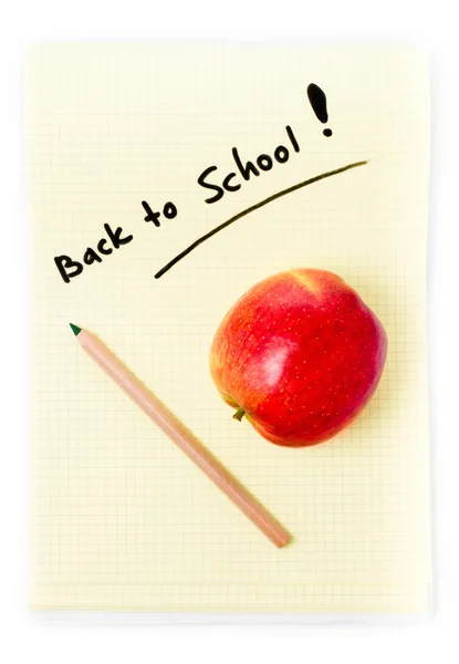 Squared paper yellow sheet and apple back to school background — Stock Photo, Image