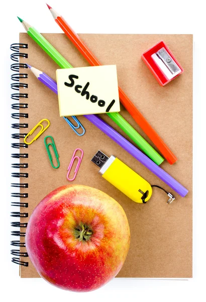 Back to school supplies with Notebook, red apple and pencil. — Stock Photo, Image