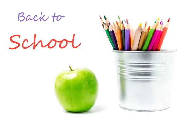 Back to school supplies with Color pencils in aluminum pencil — Stock Photo, Image