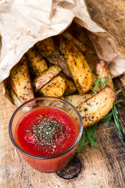 Patatine fritte con erbe aromatiche e salsa piccante in artigianato riciclato — Foto Stock