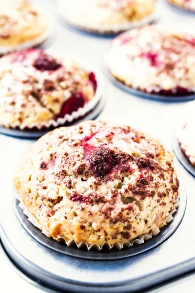 Berry muffins with chocolate sprinkles in baking tray. Closeup. — Stock Photo, Image