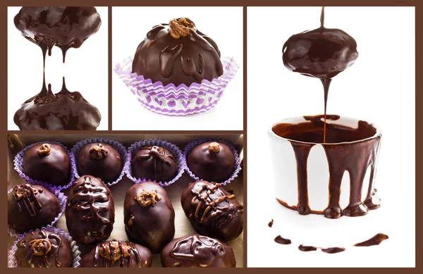Chocolate pralines and hot chocolate collage isolated on white background.