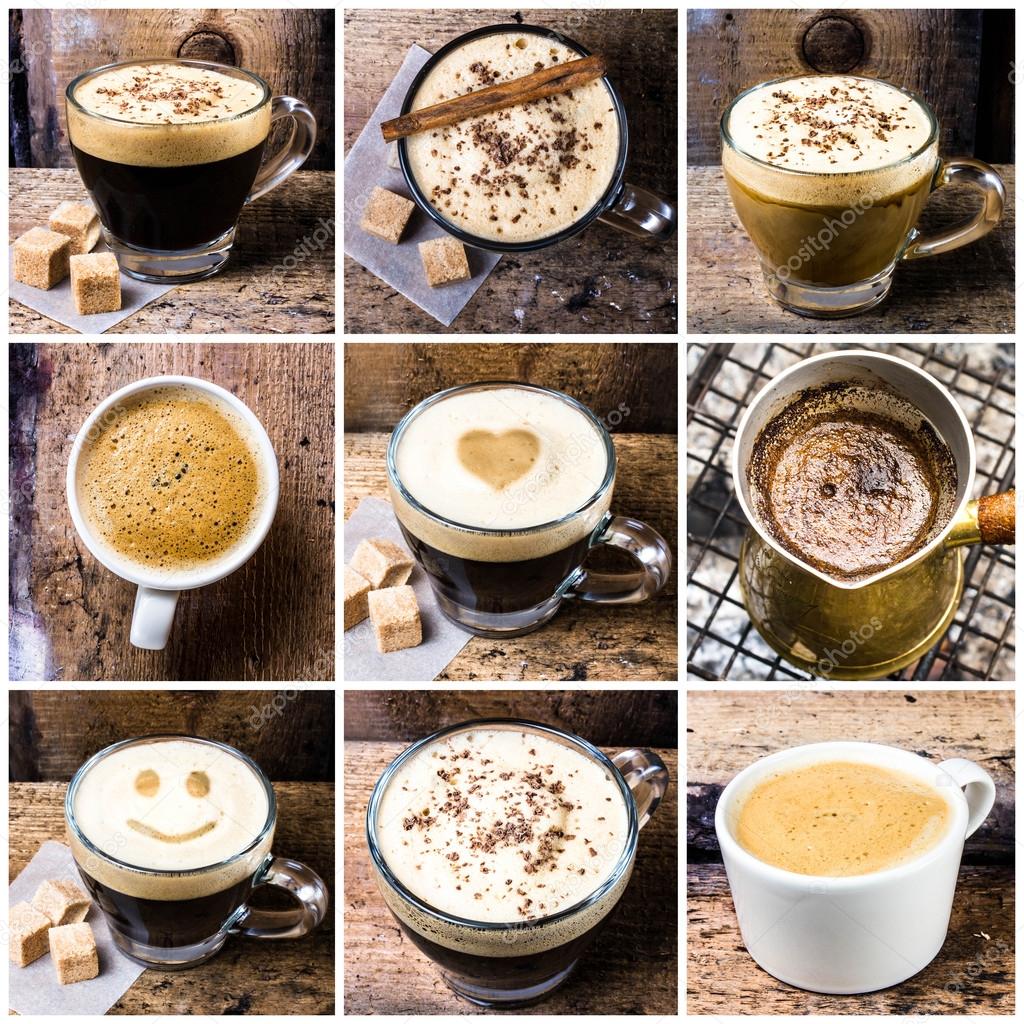 Coffee collage with Coffee espresso, cappuccino, latte and mocha.
