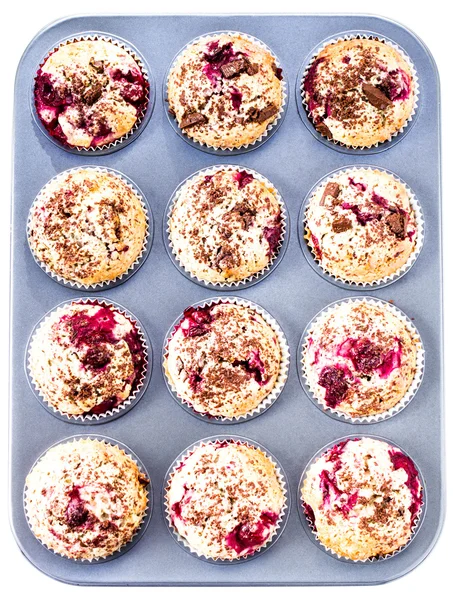 Homemade chocolate and cherry muffins in paper cupcake — Stock Photo, Image