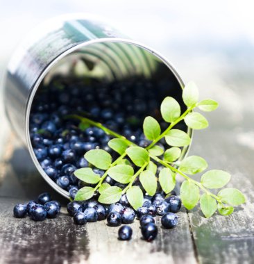 ahşap eski karanlık yaprakları ile bir kase taze yaban mersini kavanoz