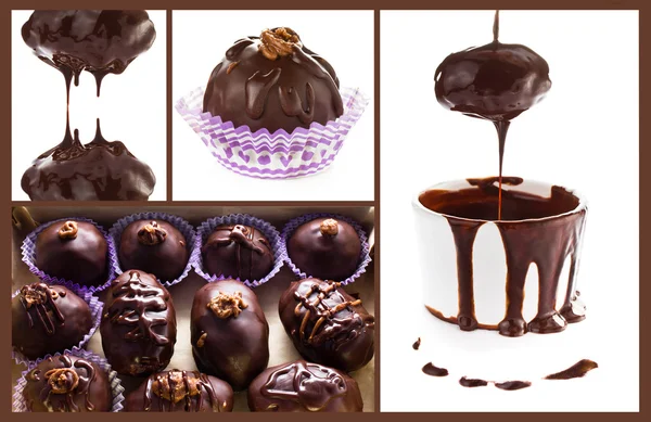 Pralinés de chocolate y collage de chocolate caliente aislados en blanco b — Foto de Stock